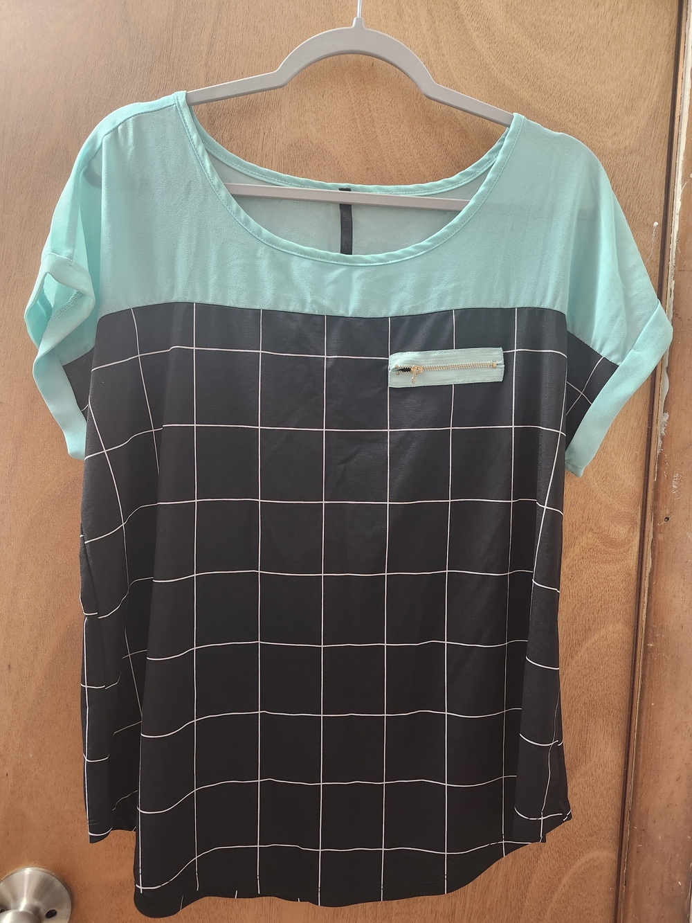 Women's Mint and Black Grid Short-Sleeve Top